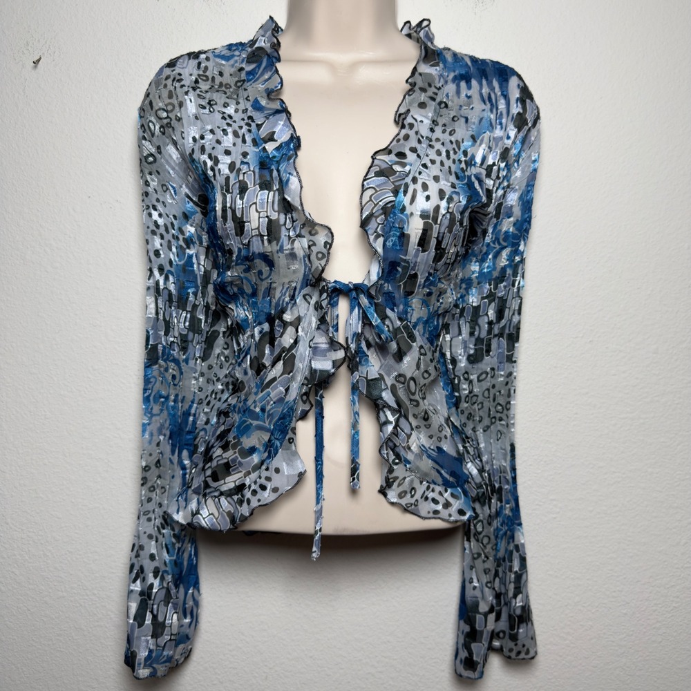 VTG 90s Elementz Women Fairy Grunge Top Large Blue Ruffle Tie Front Bell Sleeve